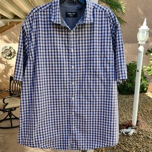 Claiborne Mens 2XLT Navy and White Gingham Short-Sleeve Button-Up Shirt